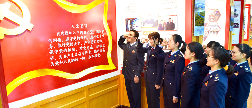 广南县税务局开展“不忘初心 牢记使命”主题活动，青年党员重温入党誓词。