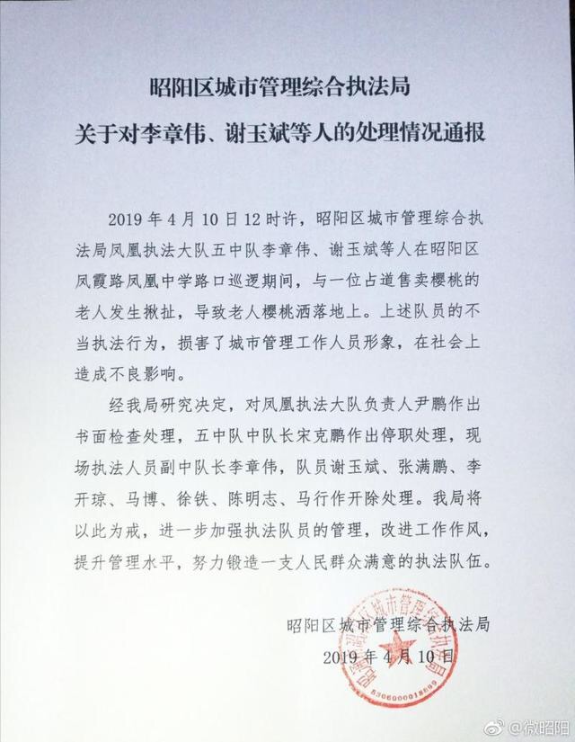 云南昭通:城管与卖樱桃老人起冲突8名执法人员被开除