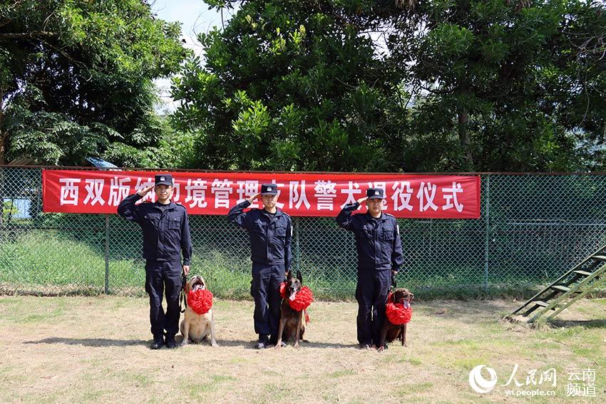民警为3只警犬举行退役仪式。周憬摄