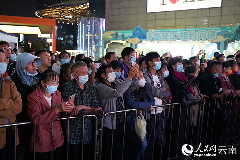 大量市民纷纷驻足观看推介会启动晚会。 人民网 蔡树菁摄