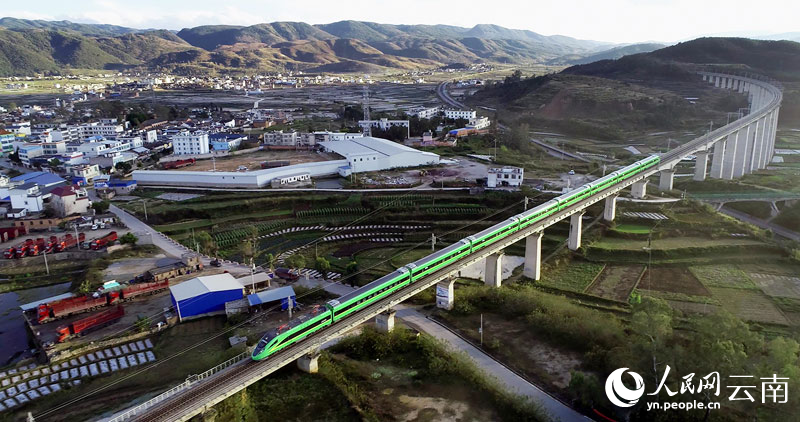 “綠巨人”動車組行駛在新成昆鐵路楚雄段。梁穎攝