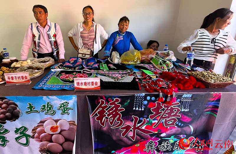 查万花（左三）展示自己缝制的彝族传统服饰。人民网 尹馨摄