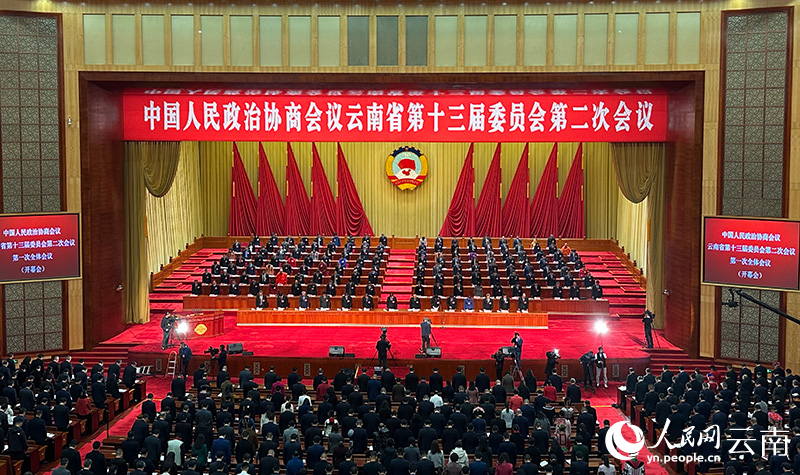 图为：开幕式上，参会人员全体起立为在镇雄县“1·22”山体滑坡灾害中遇难的同胞默哀。人民网曾智慧摄