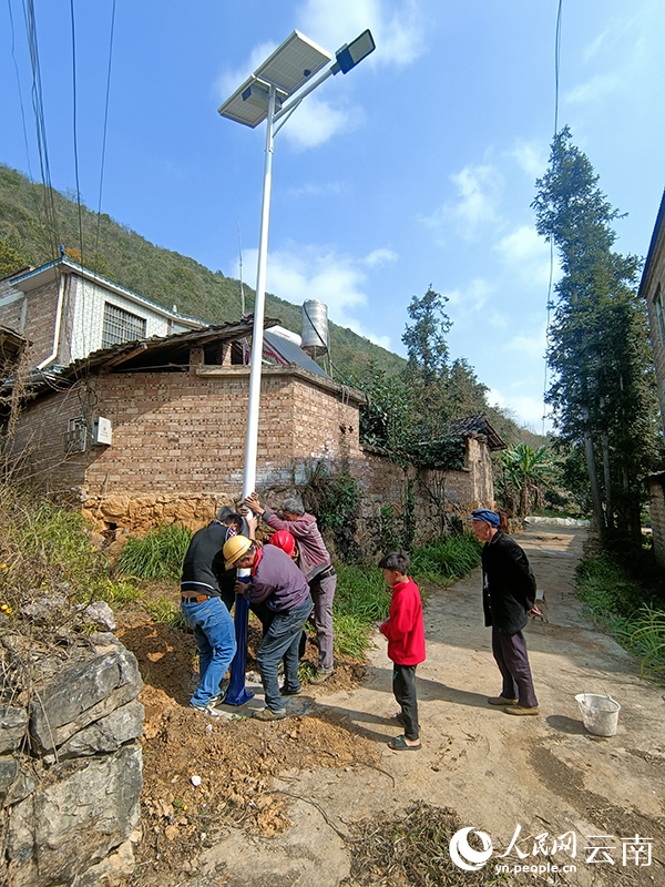 村民帮忙一起安装路灯。邬丽亚摄