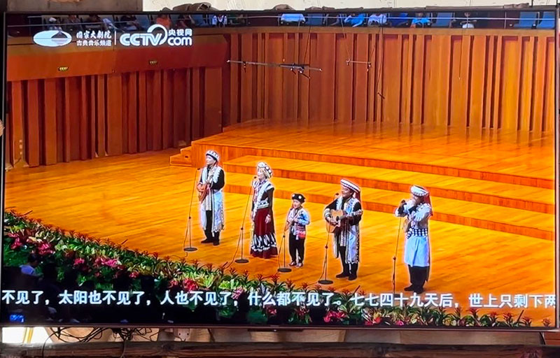 電視裡正在播放木火樂隊與江子元在國家大劇院演出視頻。人民網 曾智慧攝