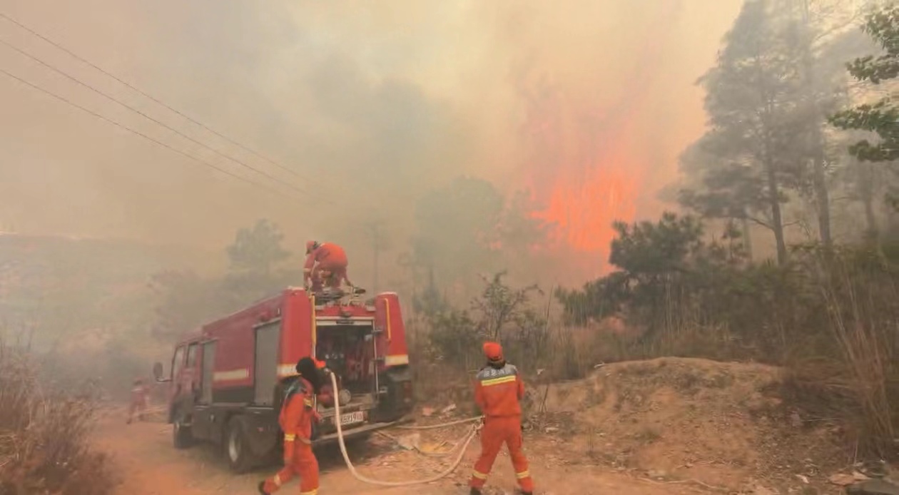【图2】消防员正在对大理海东山火进行灭火作业。 杨立志摄
