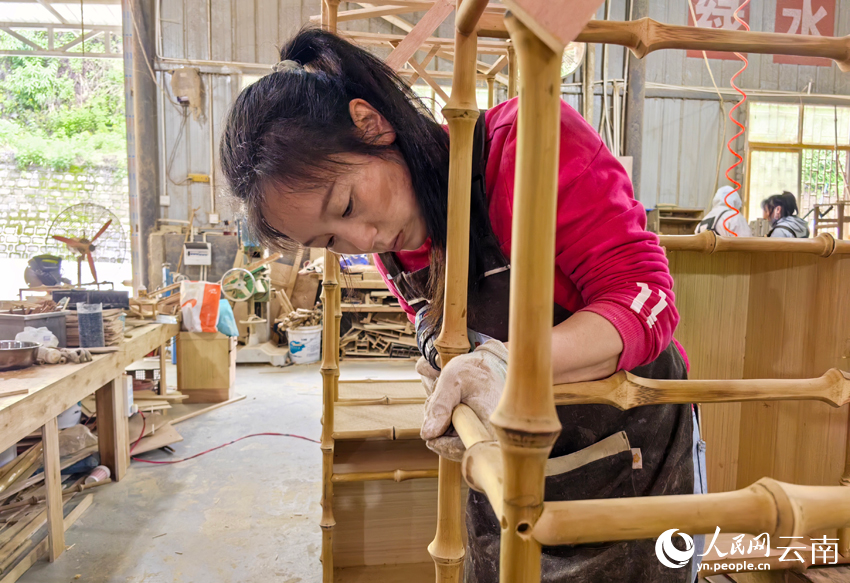 唐荣梅正在利用筇竹制作书柜。人民网记者符皓摄
