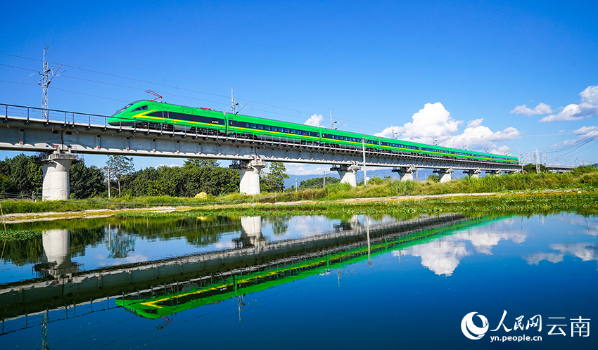中老铁路中国段，复兴号动车组飞驰在西双版纳州橄榄坝大桥上。 杨林摄