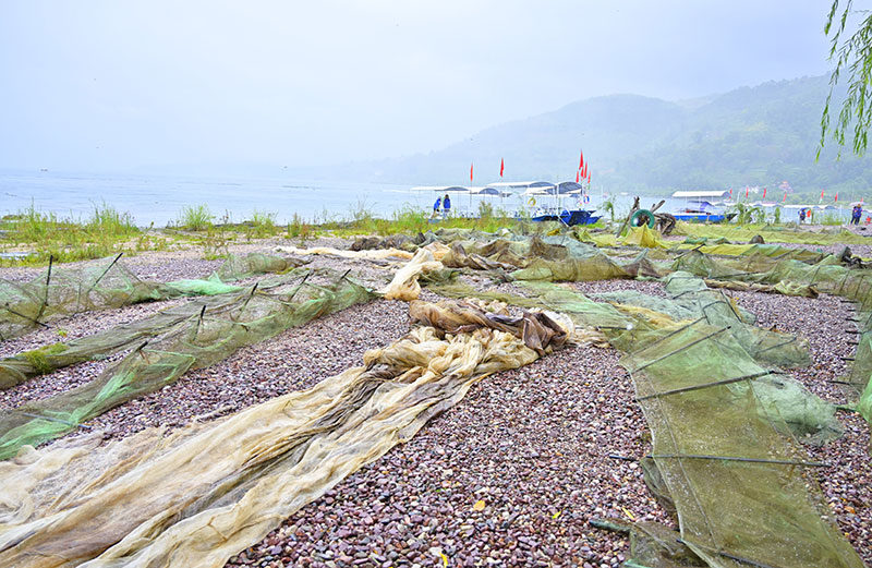 抚仙湖保护协会成员清理打捞上来的地笼虾笼。抚仙湖保护协会供图