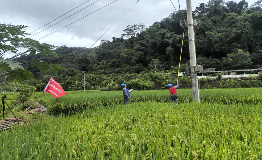 磨憨供電所抗災復電搶修隊在龍門村倒杆現場進行搶修。姜孟攝