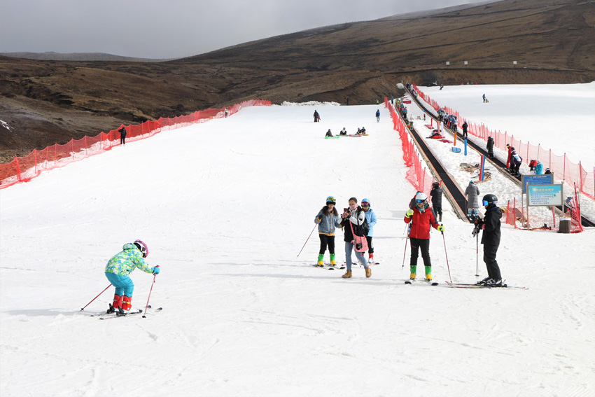 游客在曲靖會澤大海草山滑雪場景區滑雪。浦昭攝