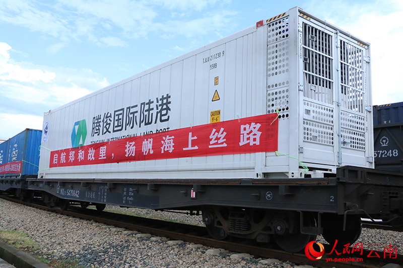 【3】“郑和号”海公铁多式联运班列在云南省昆明市晋宁区腾俊国际陆港公铁联运中心首发。人民网-雷霁摄