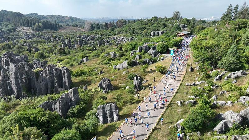 2025昆马石林开跑,万名跑者穿越亿年奇观。
