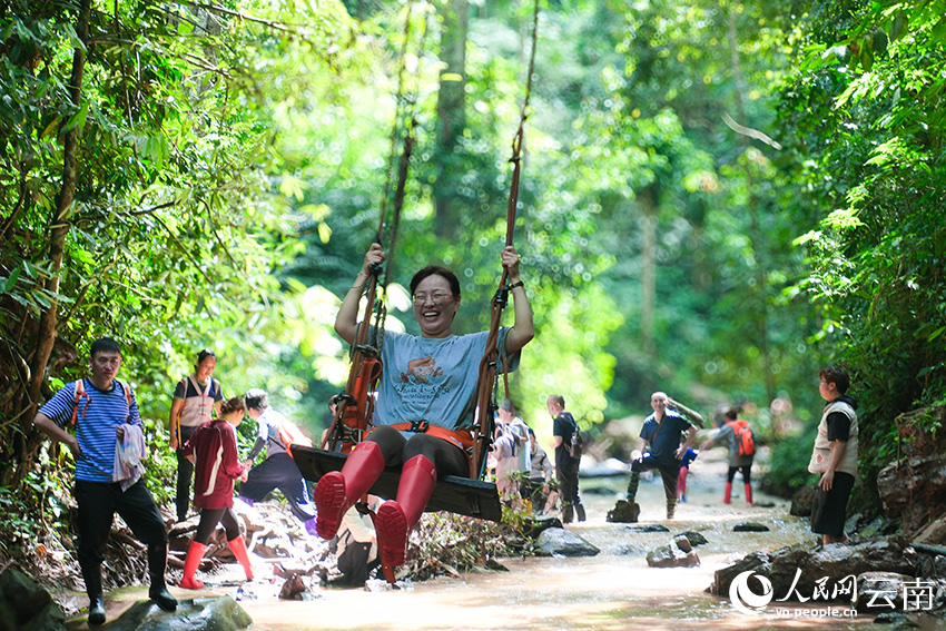 在基诺山热带雨林中，游客体验古树秋千。人民网 曾智慧摄