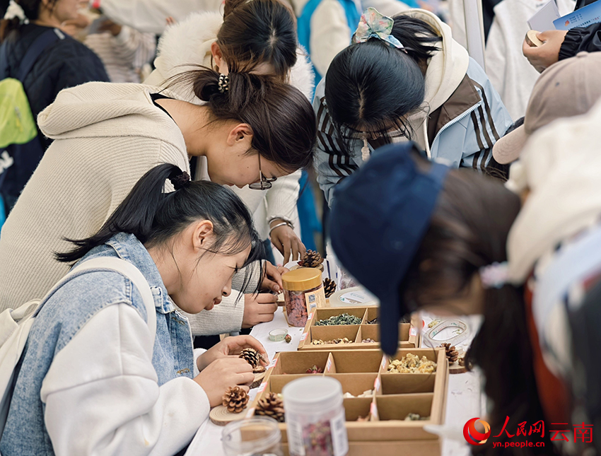 学生们制作中药材文创产品。人民网 尹馨摄