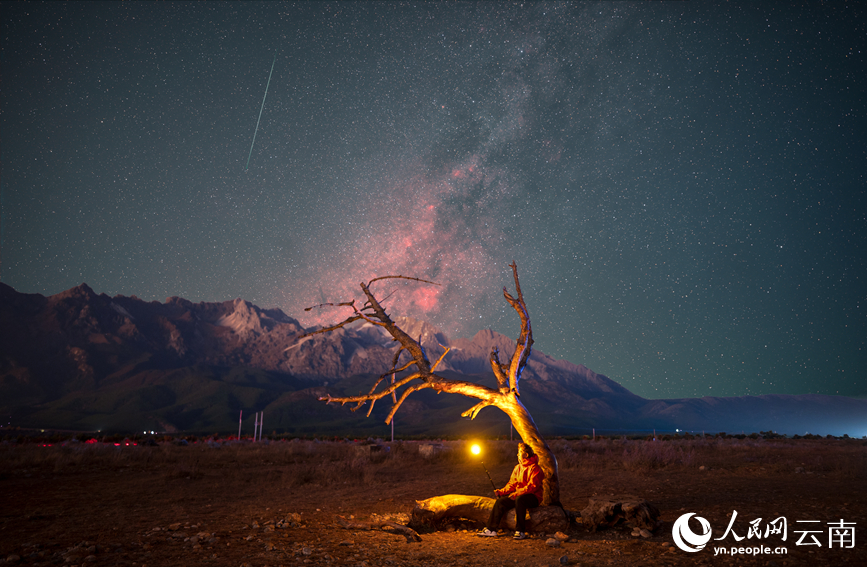 摄影师用灯光点亮枯木,一颗明亮的流星恰好划过,仿佛连接了大地与苍穹。楚明阳摄