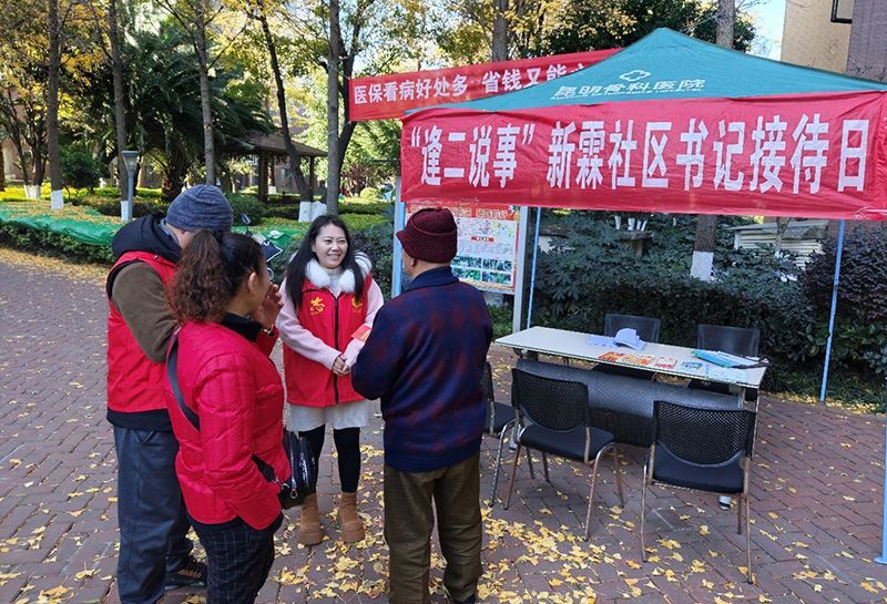 “逢二说事”书记接待日现场,工作人员正在接待小区居民。新霖社区供图