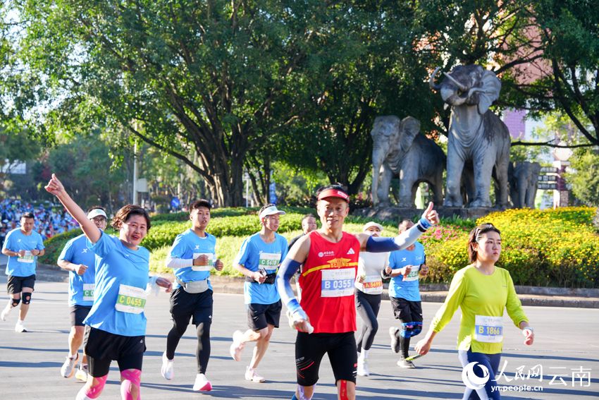2026普洱思茅馬拉鬆跑者經過亞洲象雕塑轉盤。人民網 王嫻攝