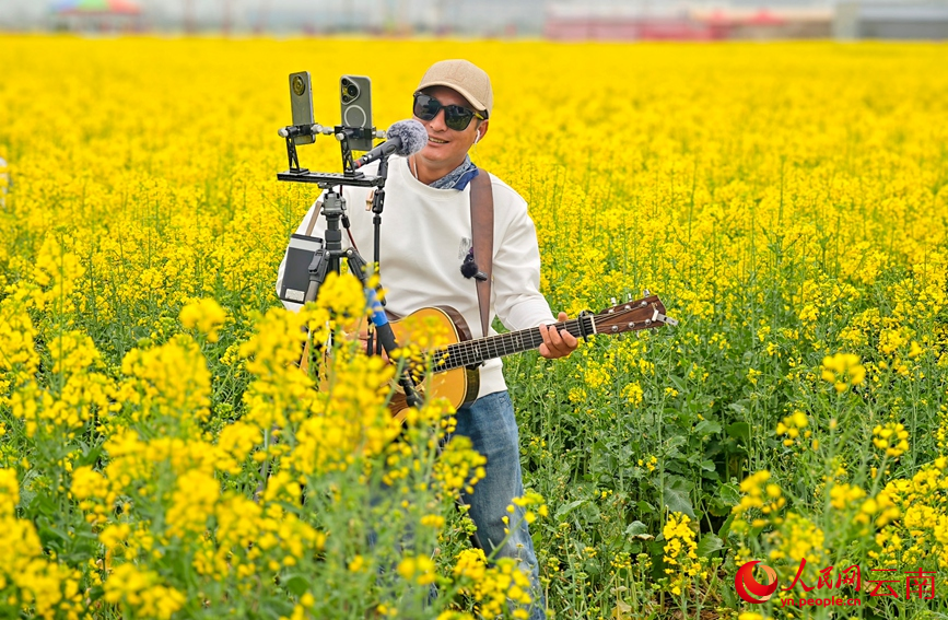 游客在羅平縣油菜花海中直播。人民網 尹馨攝攝