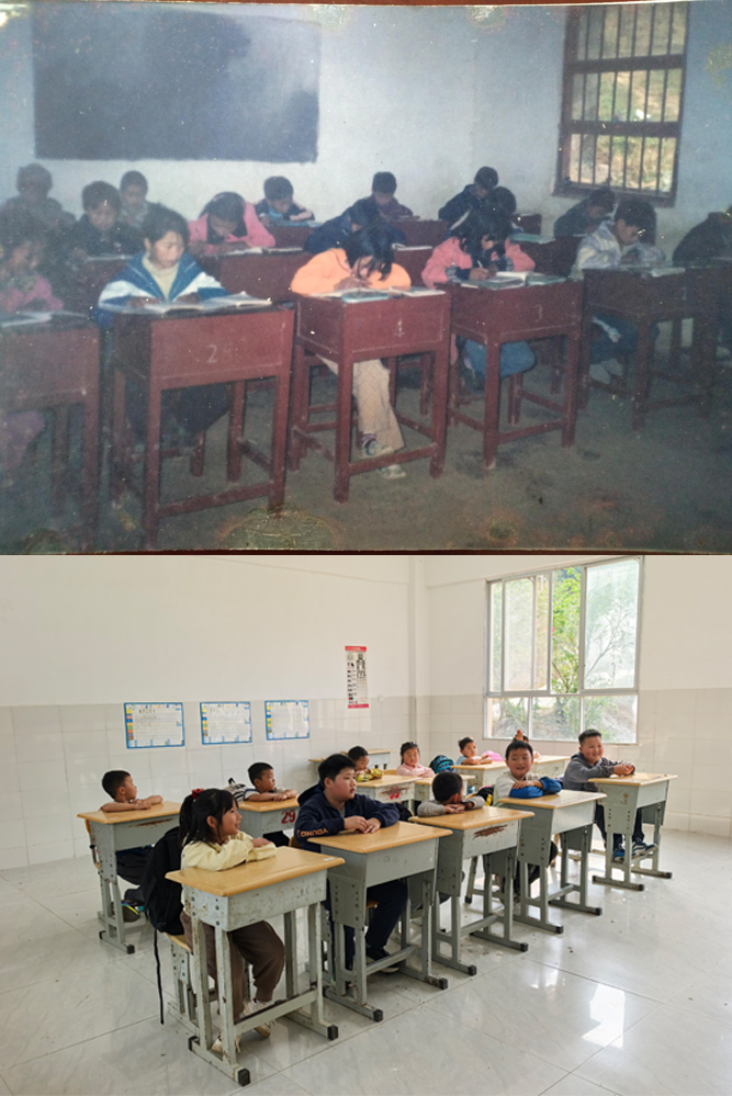 落松地小学教室前后对比。