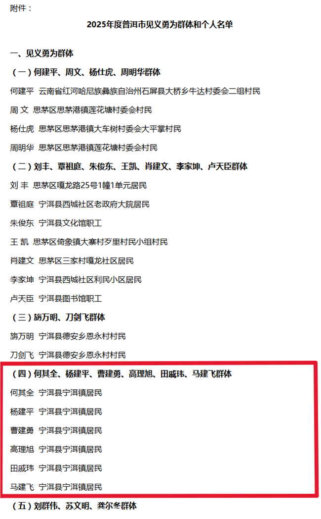 2025年度普洱市见义勇为群体和个人名单截图