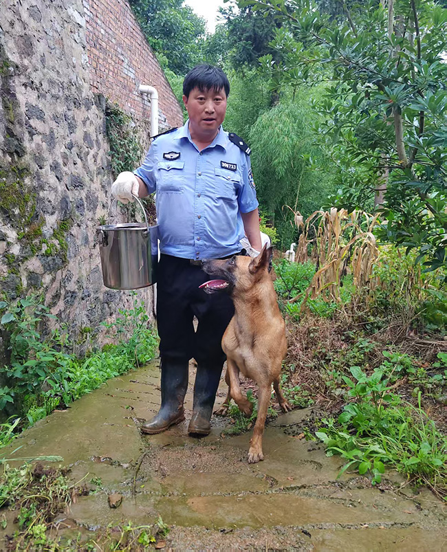 付亚带上自己驯养的家犬“黄马”奔赴搜救现场。宣威警方供图