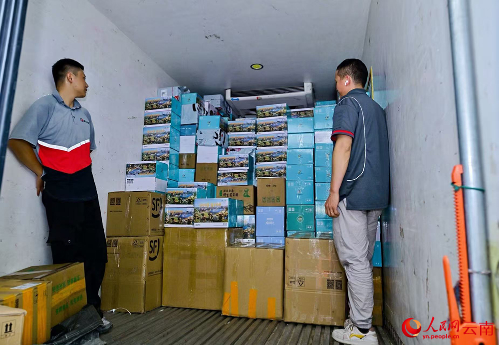 打包好的菌子装车,准备发往全国各地。人民网记者 程浩摄
