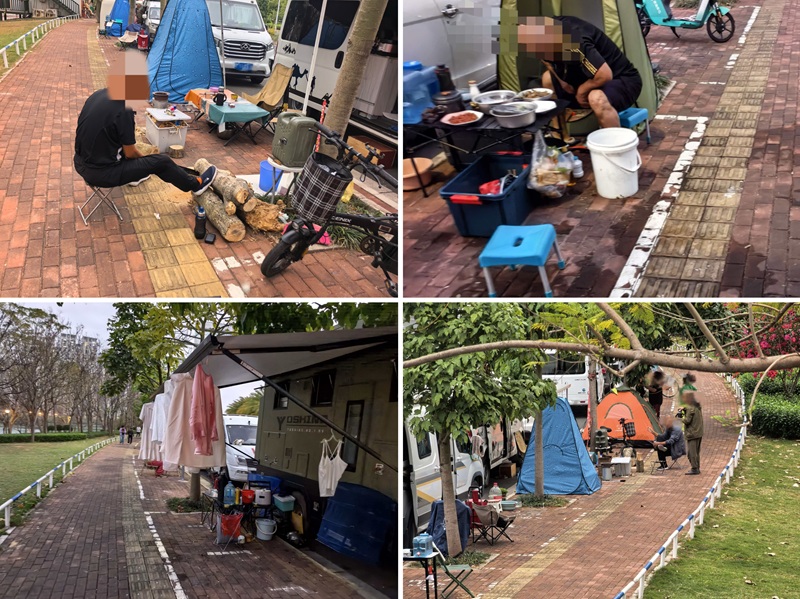 广西南宁市青山大桥观景台路段，房车车主在人行道上露营、做饭等。受访者供图