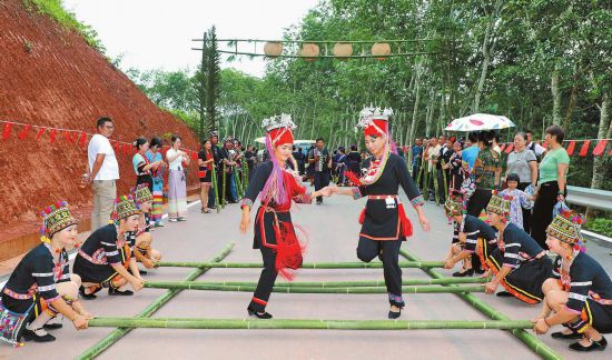勐腊县会龙特色旅游村里上演欢乐的竹竿舞。