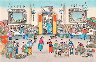 楊柳青古版年畫《新年多吉慶 全家樂安然》。《過年書》插圖